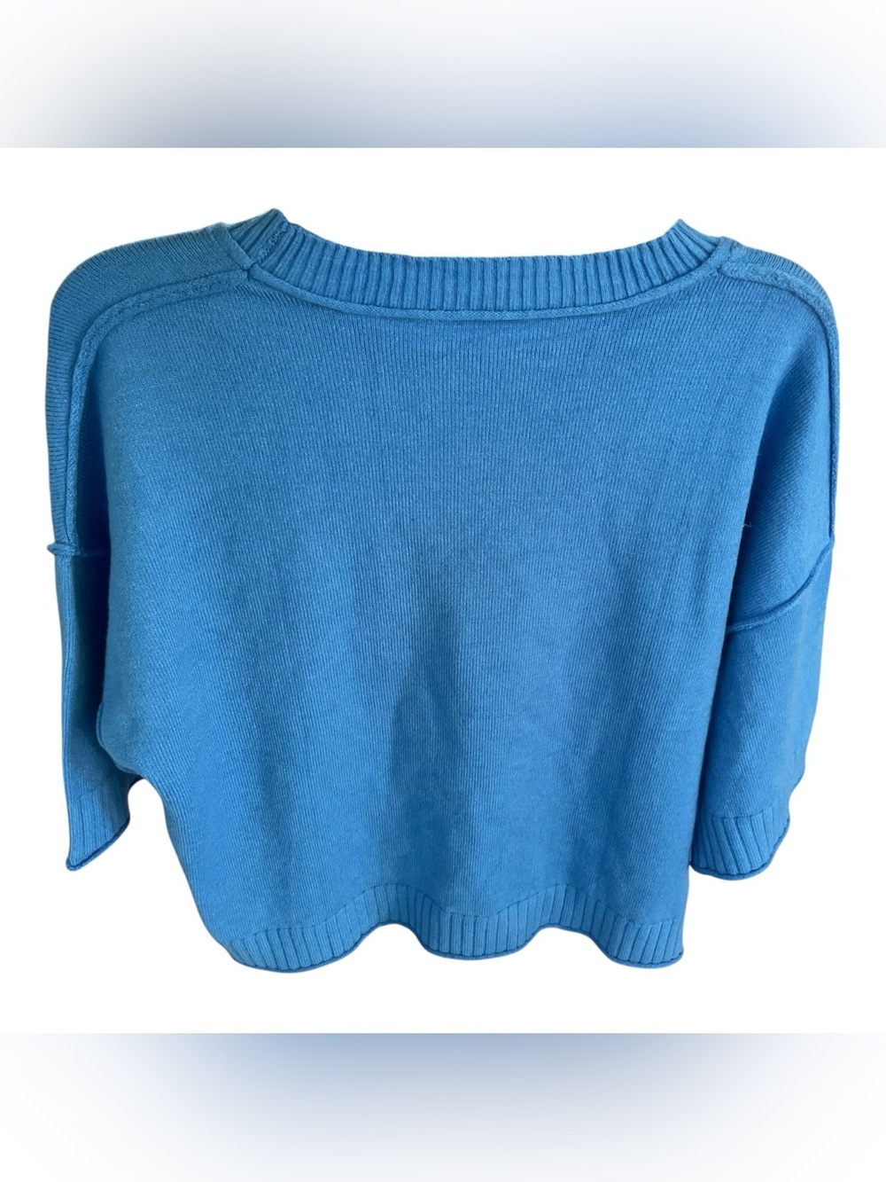 Blue Boxy Knit Sweater Cropped Drop Shoulder Crewneck Pullover Cozy S - Picture 2 of 4